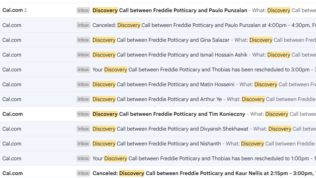 Inbox of Cal.com discovery call bookings