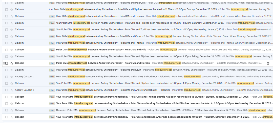 Inbox of Cal.com introductory call bookings