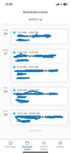 Calendly scheduled events for March