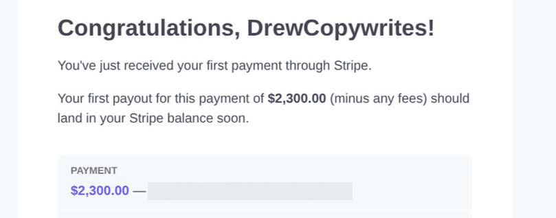 Stripe notification: first payment received, $2,300