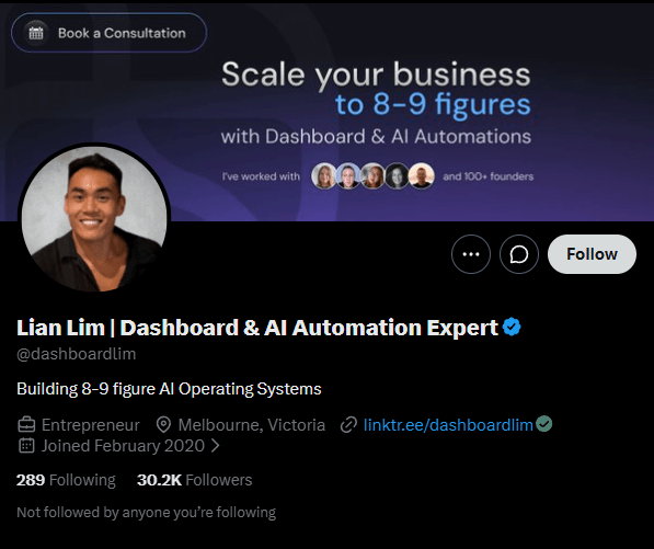 Lian Lim's X profile, @dashboardlim, 30.2K followers