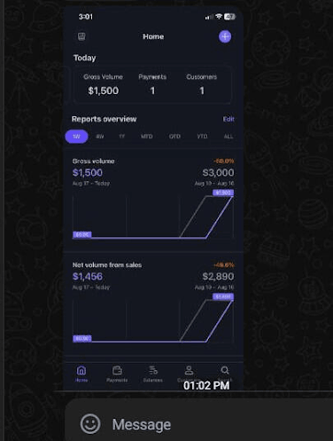 Stripe dashboard: $1,500 gross volume today